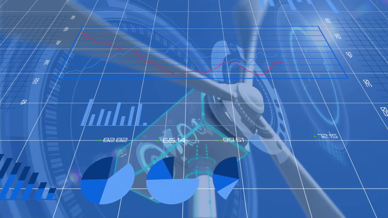 파란색 그리드 배경에 재무 데이터 차트 및 그래프 애니메이션을 가진 풍력 터빈