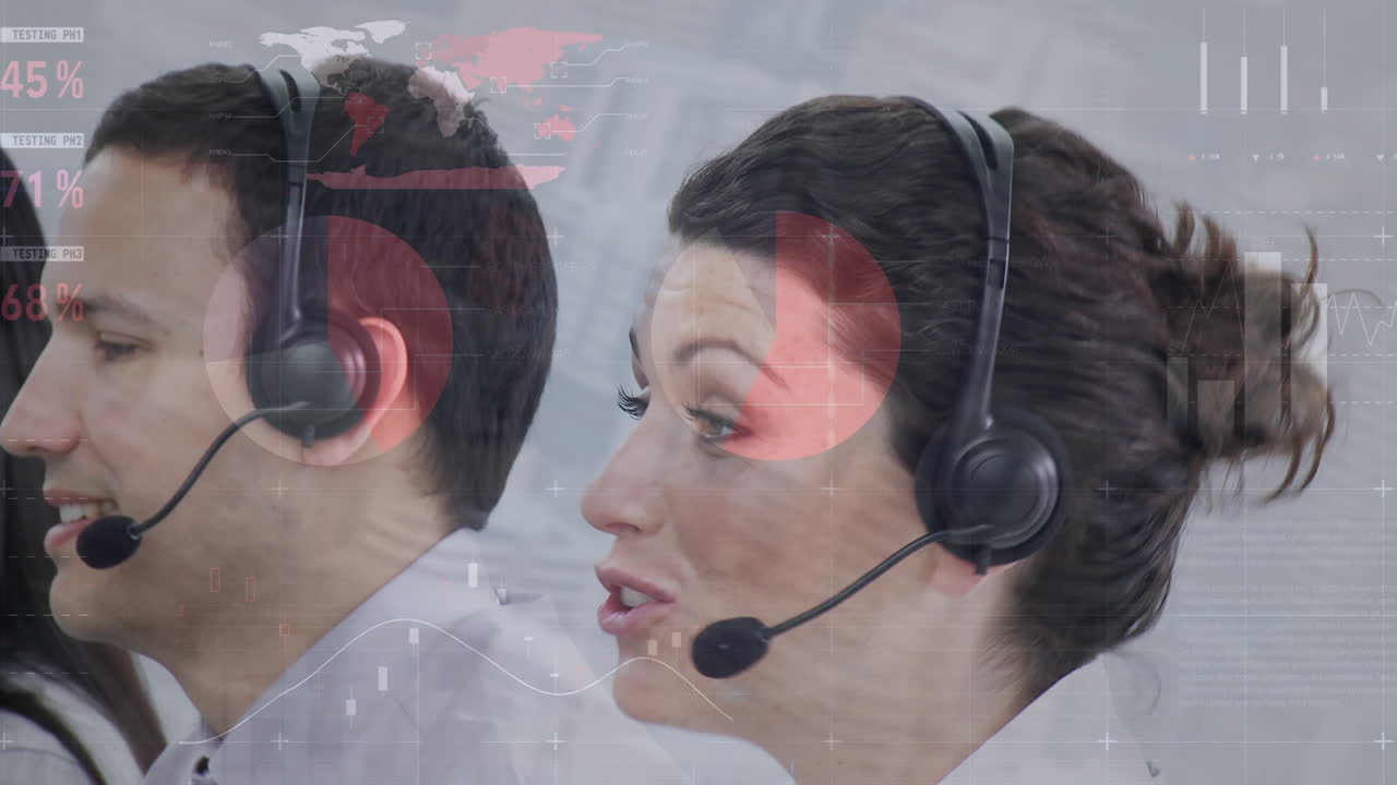 전화 헤드 ⁇ 을 사용하는 다양한 사업가들에 대한 통계 및 데이터 처리의 애니메이션