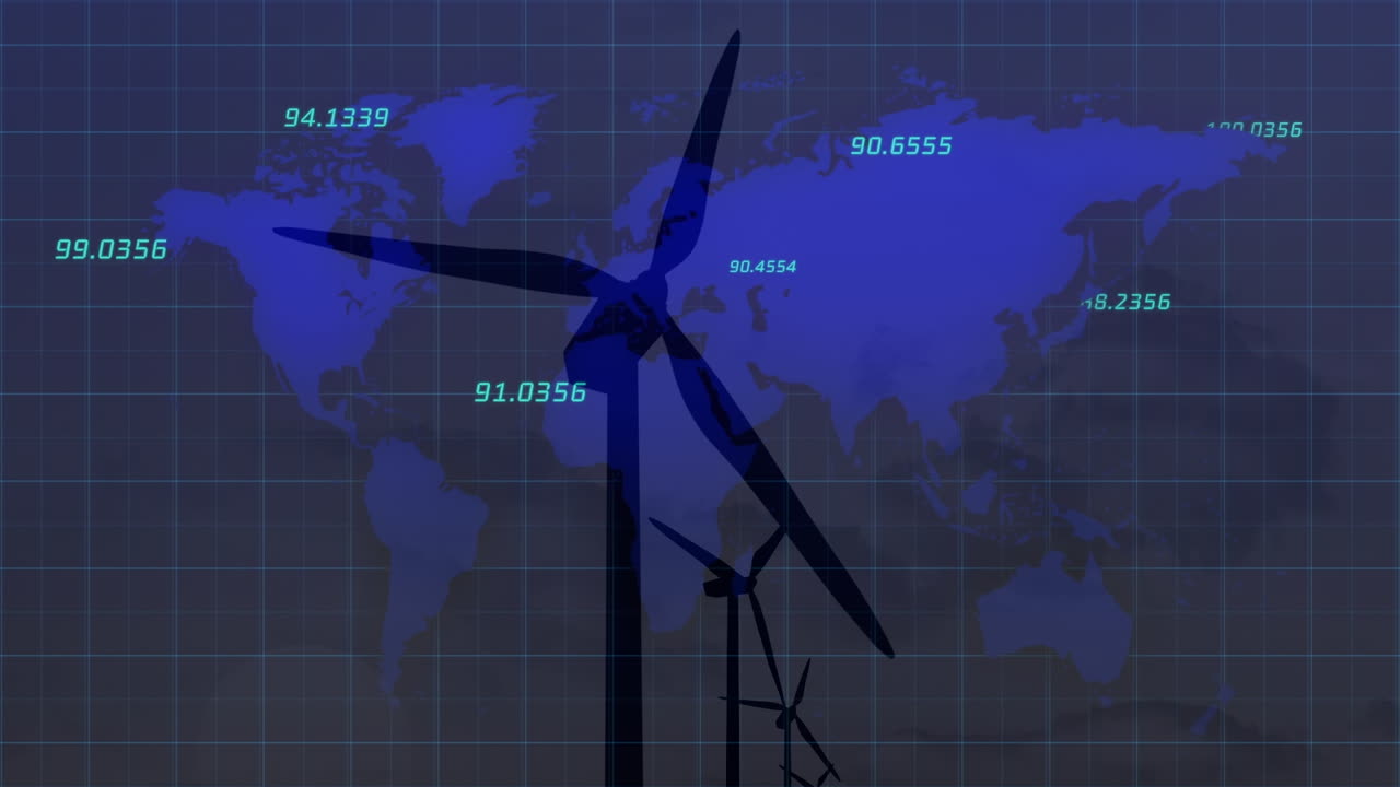 세계 지도와 풍력 터빈에서 변화하는 데이터 처리 숫자의 애니메이션