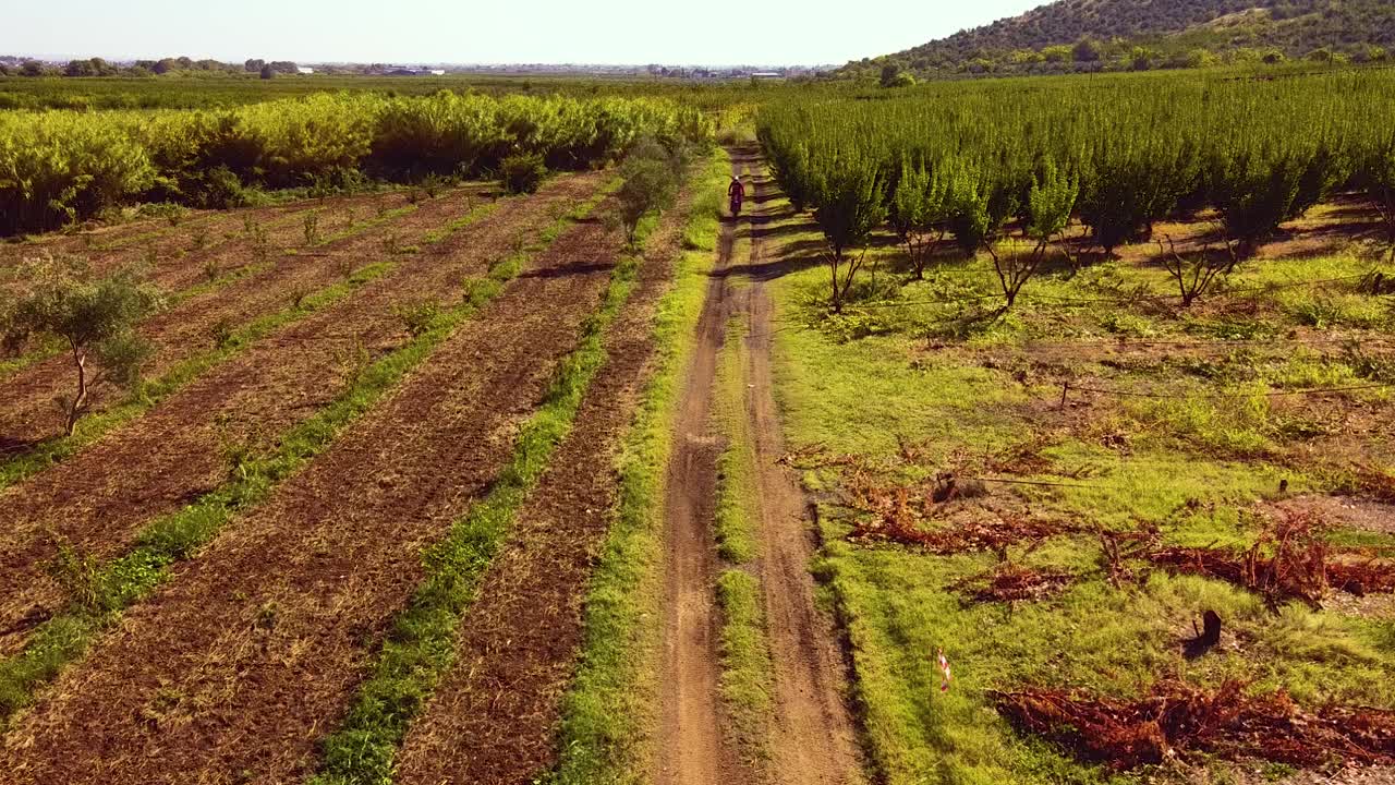 corredores en equipo de protección de motocicletas montando bicicleta en pista de tierra rodeada de campos agrícolas