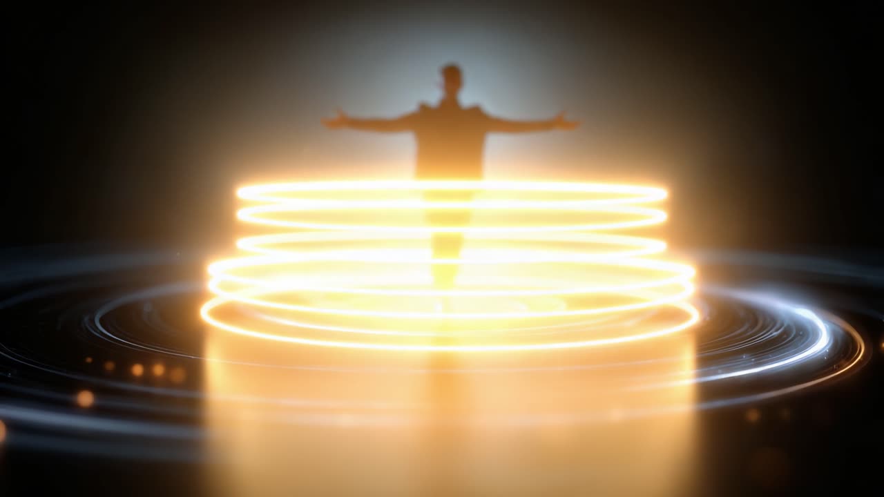 Una figura se alza en el centro de brillantes patrones de luz arremolinada que irradian energía, creando una atmósfera de otro mundo llena de partículas brillantes e iluminación.