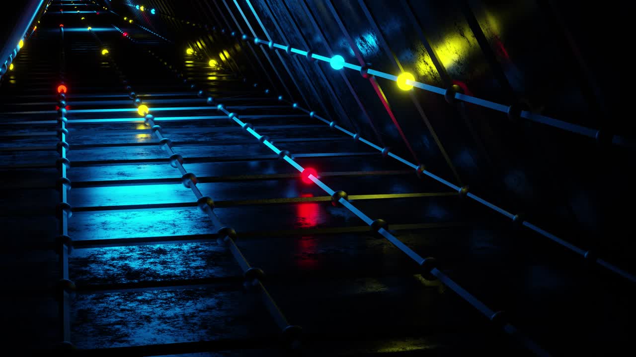 네온 불빛이 박이는 어두운 신비로운 복도에서 날아다니며 꽃, 4k