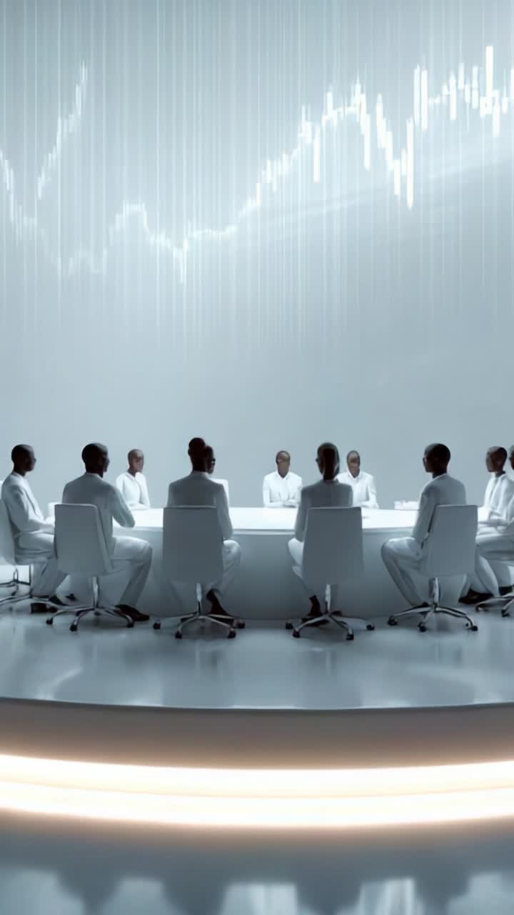 A Futuristic Meeting in a Minimalist Space with Individuals in White Attire Engaged in Discussion, Overseeing Financial Trends Represented by a Graph