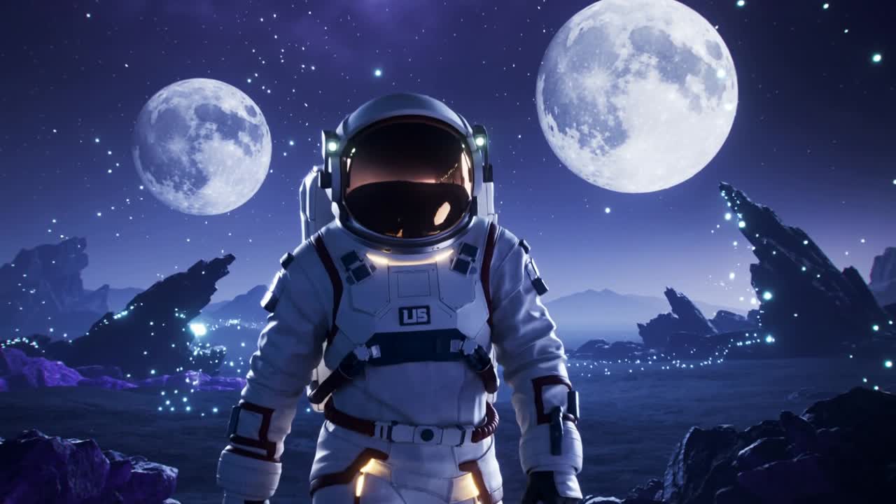 Kameraet zoomer ind, en astronaut i rumdragt træder frem på en fremmed slette og viser et amerikansk emblem.