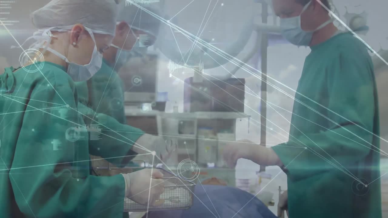 red de conexiones contra un grupo de diversos cirujanos que realizan operaciones en el hospital