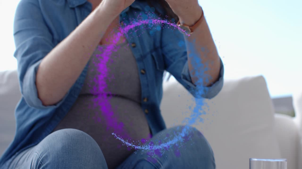 Pregnant woman on couch checking smartphone causing purple overlay picking pills for prenatal care