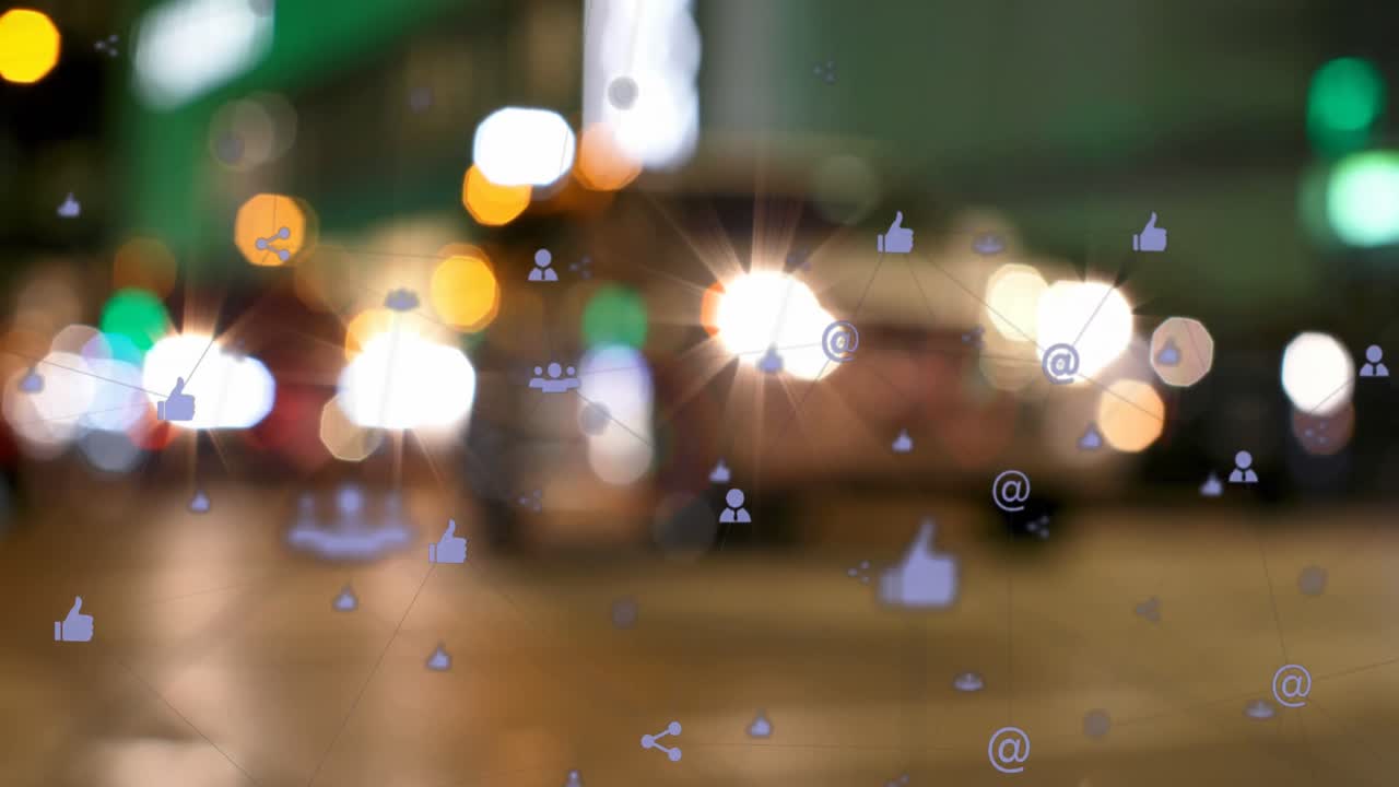 초점이 맞지 않는 도시 불빛 위에 아이콘으로 연결된 네트워크의 애니메이션