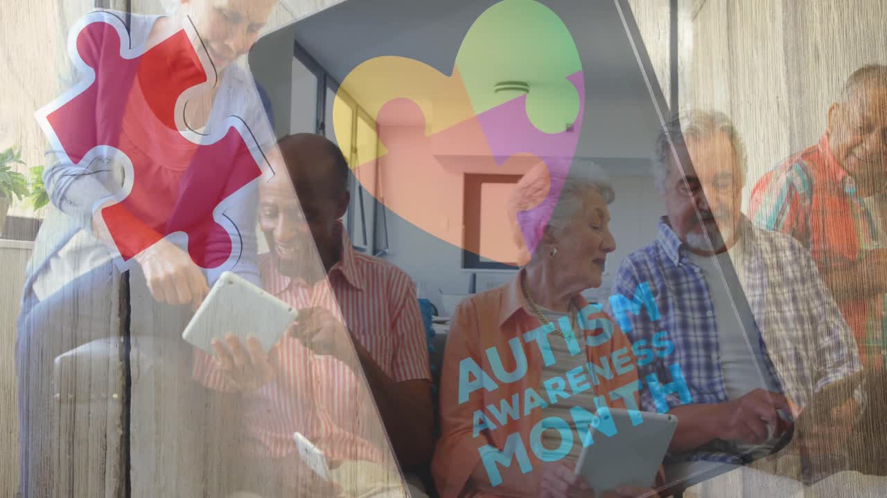 다채로운 퍼즐 조각과 자폐증 텍스트의 애니메이션이 전자 장치를 사용하는 고령 친구들 위에