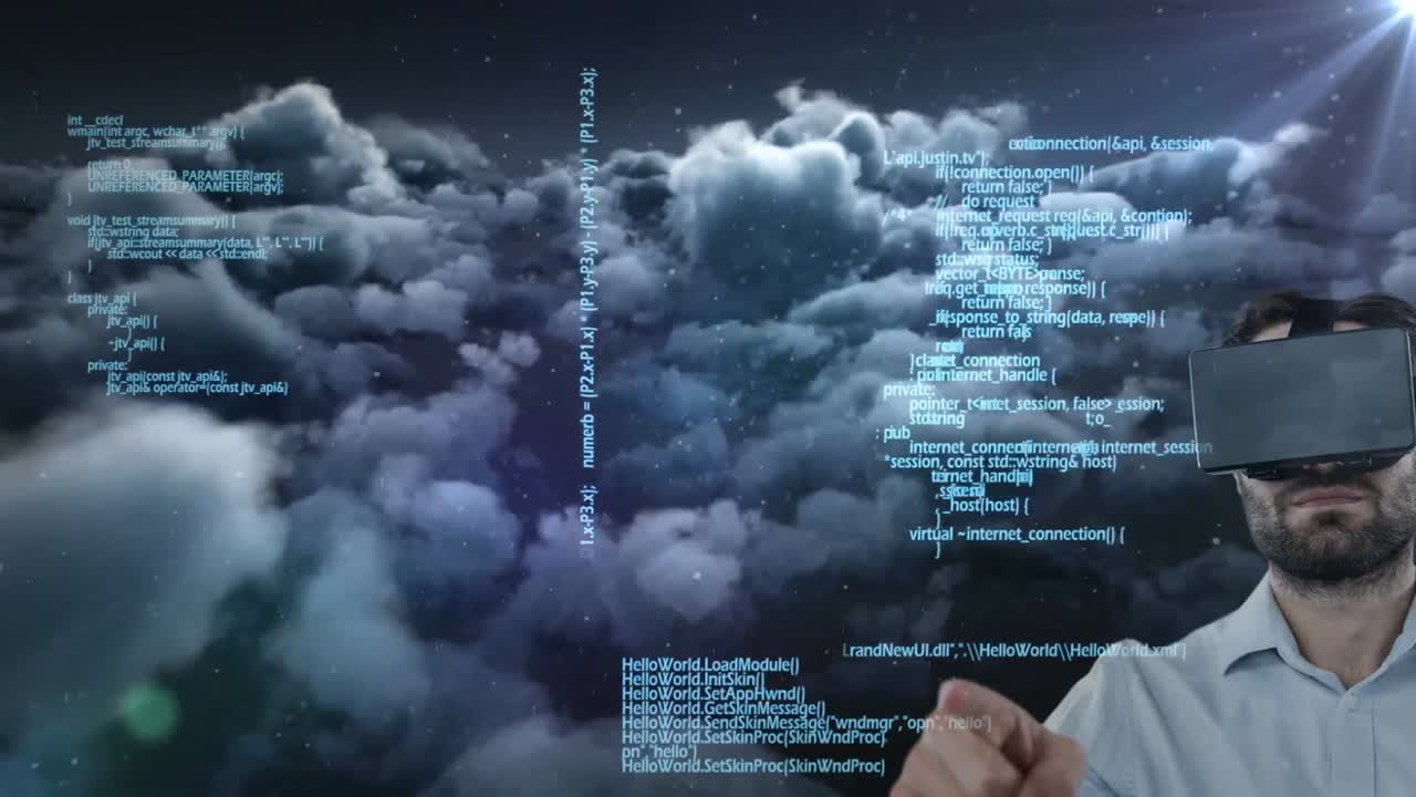 Animation of data processing over man wearing vr headset on sky with clouds