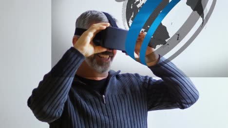 Animation-of-globe-with-network-of-connections-over-man-using-vr-headset