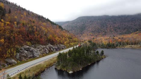 Aerial-View-of-Beaver-Pond-Autumn-Foliage-of-White-Mountain-National-Forest-New-Hampshire