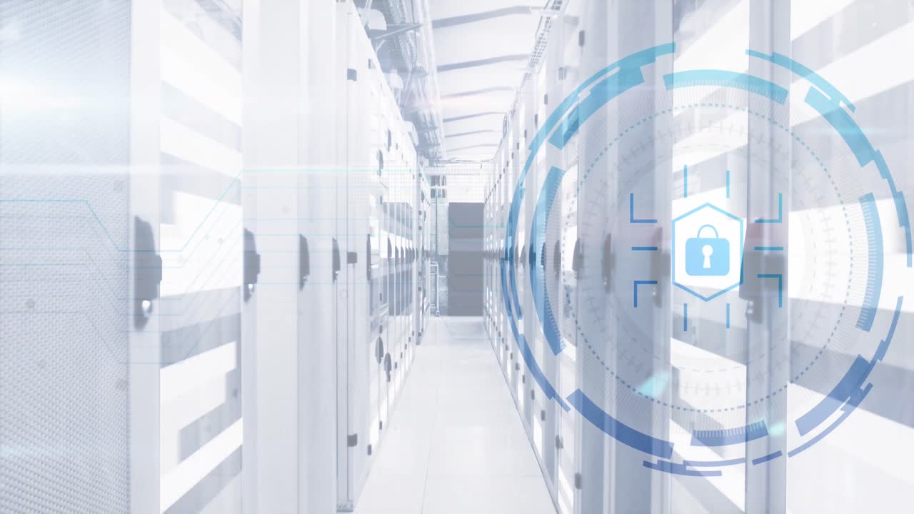 Animation of padlock icon in circle over data server systems in room