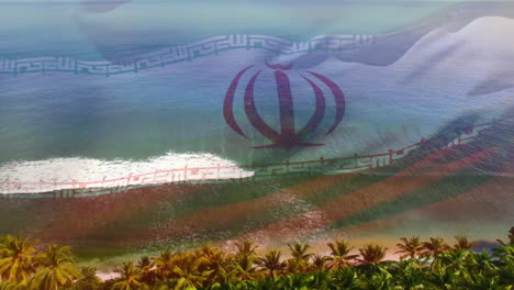 composición digital de ondear la bandera de irán contra la vista aérea de la playa y las olas del mar