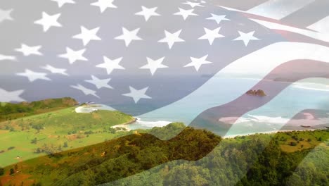 animation of flag of usa blowing over beach landscape