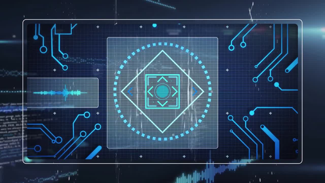 Animation of data processing with scope scanning over network of connections on black background