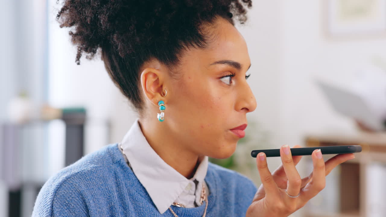 Business woman, phone and talking to record voice