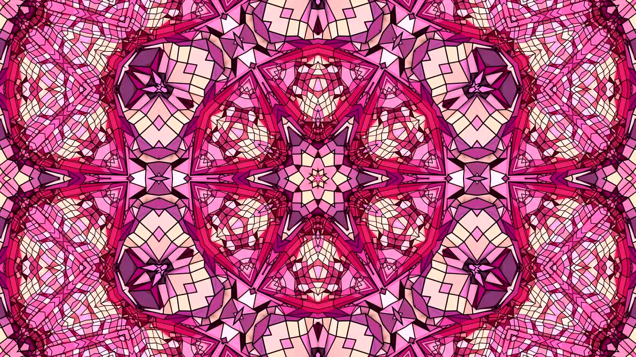 fondo abstracto poli geométrico bajo como un efecto de vidriera o caleidoscopio en movimiento en 4k. animación 3d de bucle, imágenes sin costuras en el popular estilo poli bajo. color violeta v24