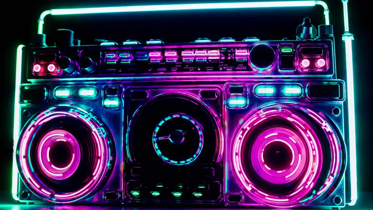 Boombox illuminato al neon in uno stile vibrante e retrò, ripreso da un'angolazione frontale per un video