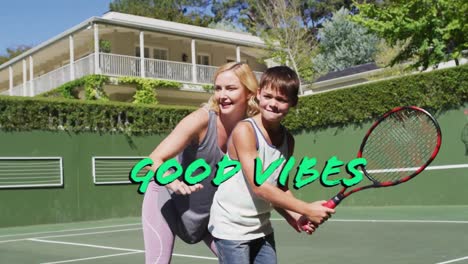 Animation-of-good-vibes-text-over-caucasian-mother-and-son-playing-tennis
