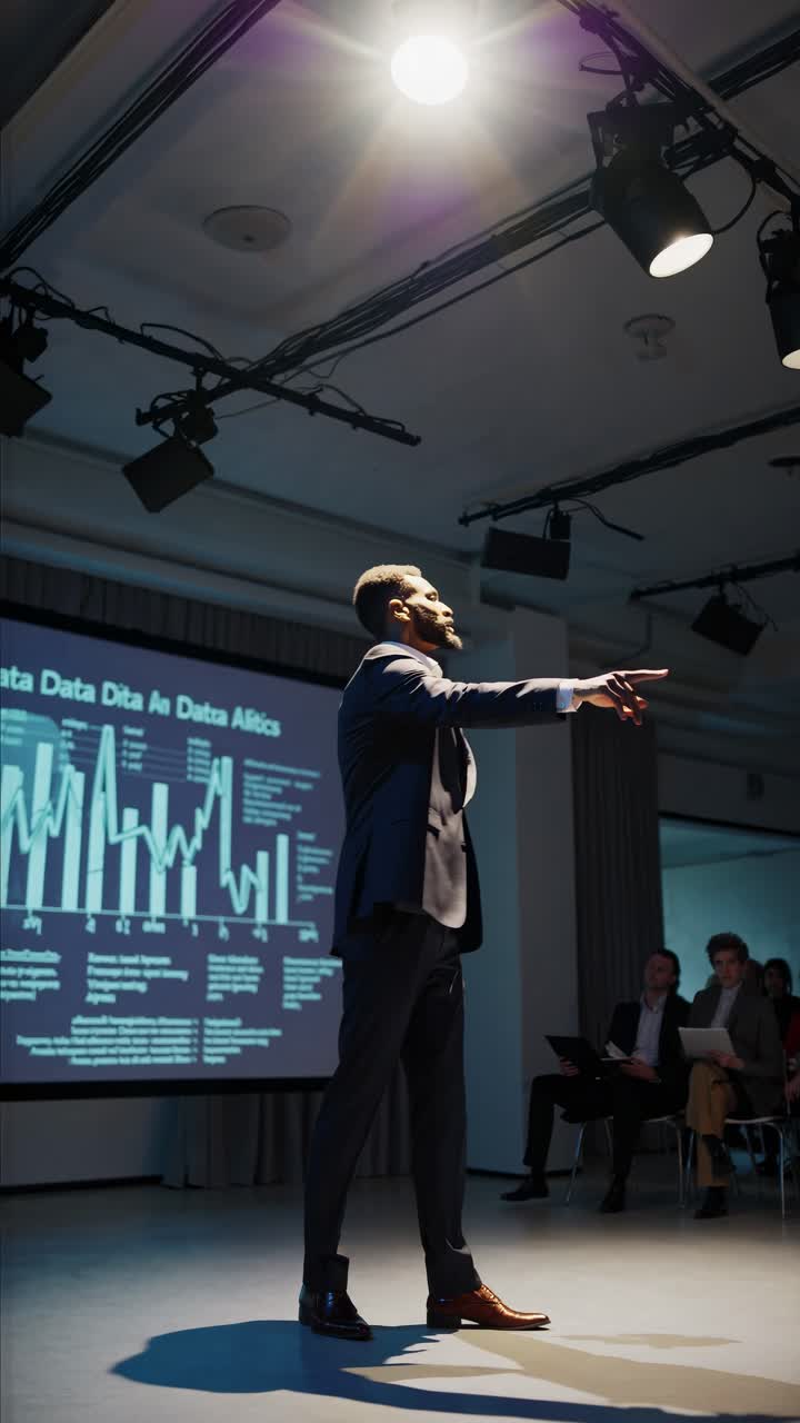 Dynamic low-angle shot of a speaker in a modern conference room, presenting data on a screen