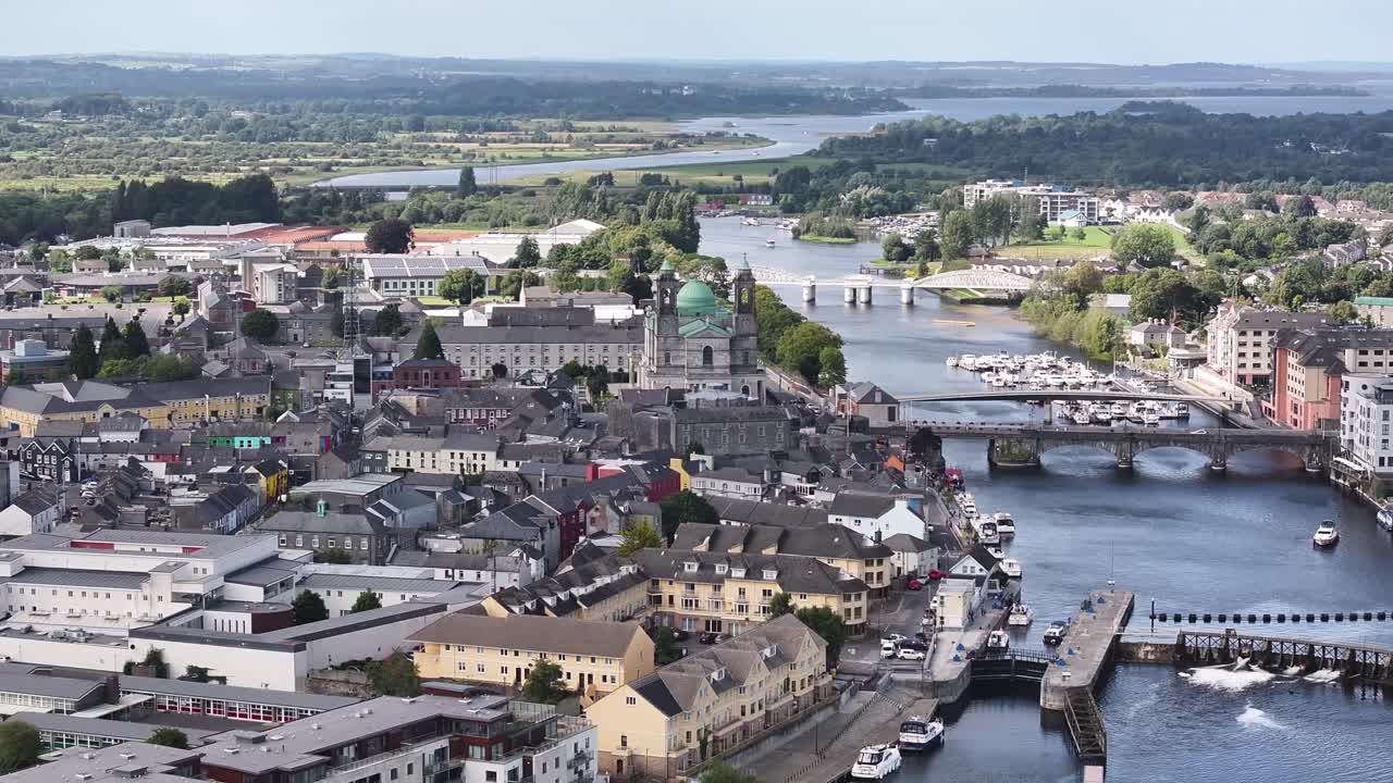 Athlone town aerial panoramic with iconic old landmarks, bridges and river Shannon