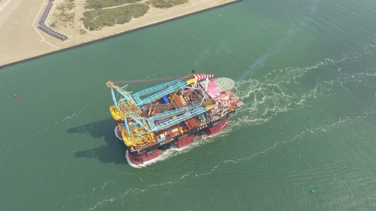 Daytime passage of pipelay crane ship across Rotterdam harbor, Netherlands