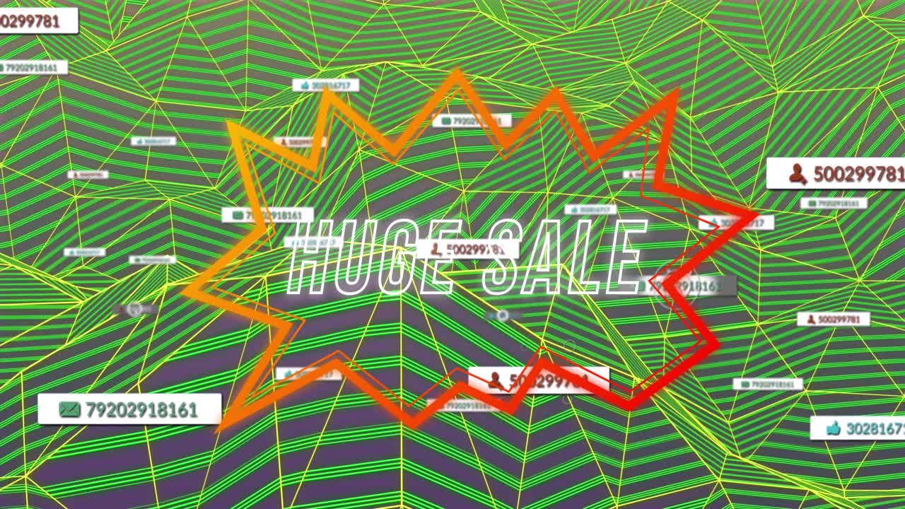 animación de un enorme texto de venta a través de una red de conexiones con iconos