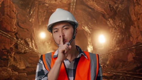 close up of asian male engineer with safety helmet making shh gesture while standing in underground mine tunnel
