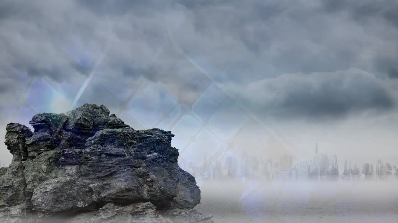 바위와 도시 풍경 위의 데이터 처리 애니메이션