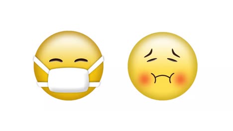 Animation-Von-Gesichtsmasken-Und-Kranken-Emoji-Symbolen-Auf-Weißem-Hintergrund