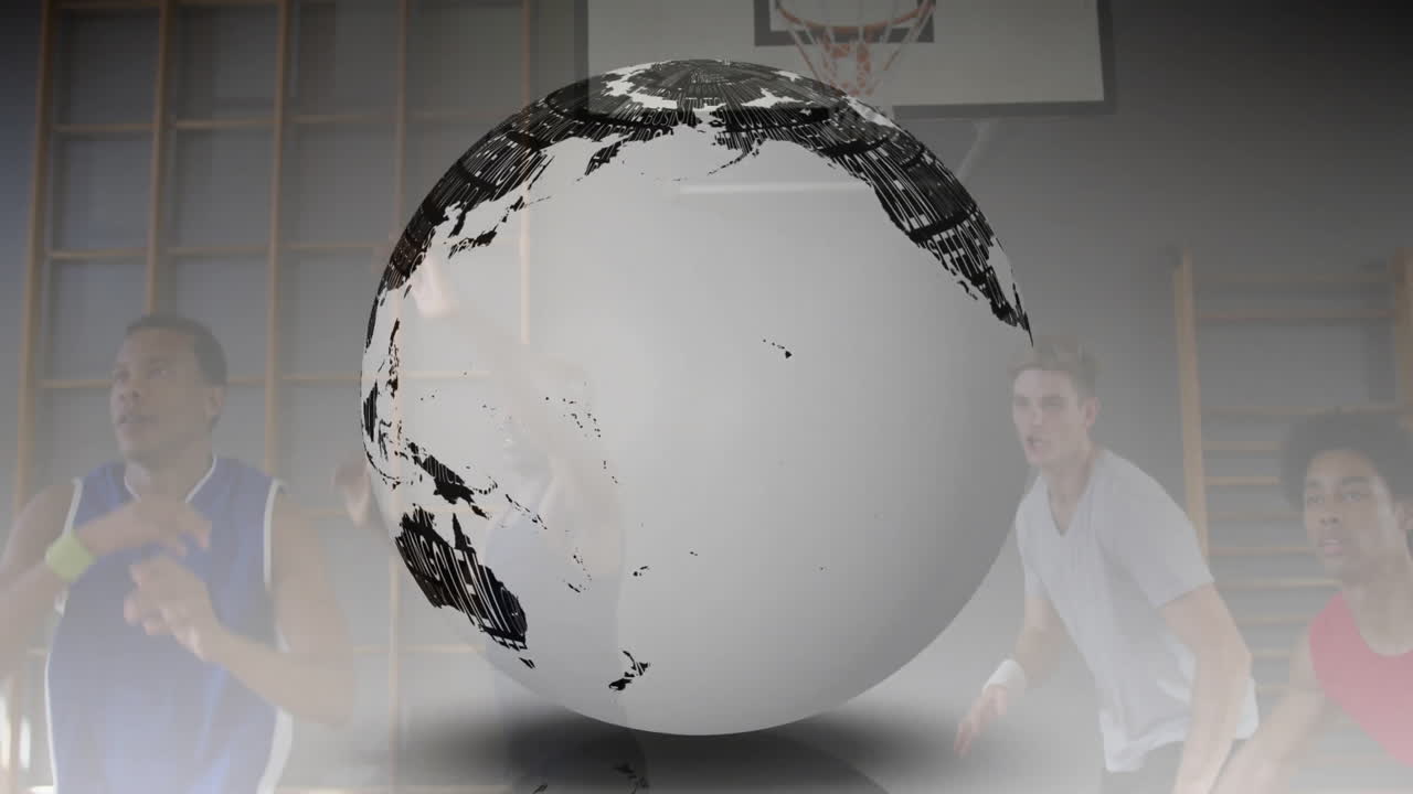 Globe with text animation over basketball players in gym setting