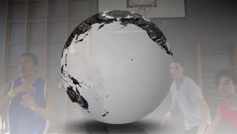 globe with text animation over basketball players in gym setting