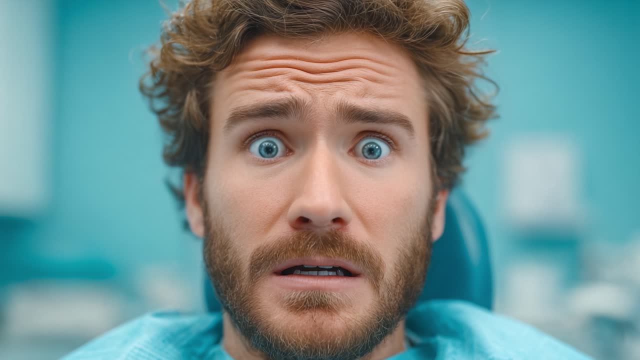 Paziente ansioso si prepara per una procedura dentale in una clinica moderna, provando paura e preoccupazione mentre siede sulla poltrona del dentista, circondato da attrezzature sofisticate.