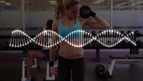 animation of dna strand spinning and data processing over fit woman exercising with weights