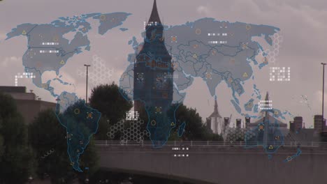 animation of data processing and world map against city traffic and big ben tower