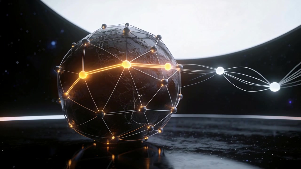 Contacting white braided node strand activating orange nodal path on metal globe, transferring data