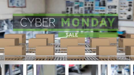 animation of cyber monday sale text over cardboard boxes on conveyor belts