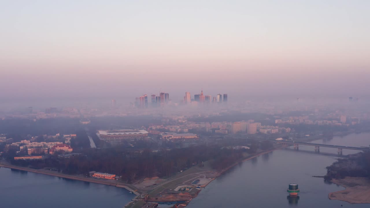 Morning flight over Warsaw. Pastel sunrise from a drone.