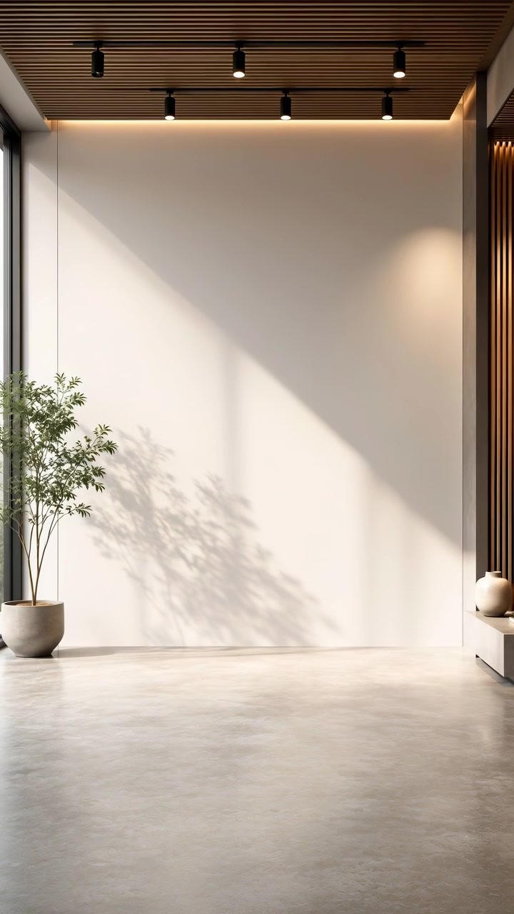 Interno di galleria minimale con luce solare, pavimento in cemento lucidato e soffitto a doghe di legno, a tutta altezza