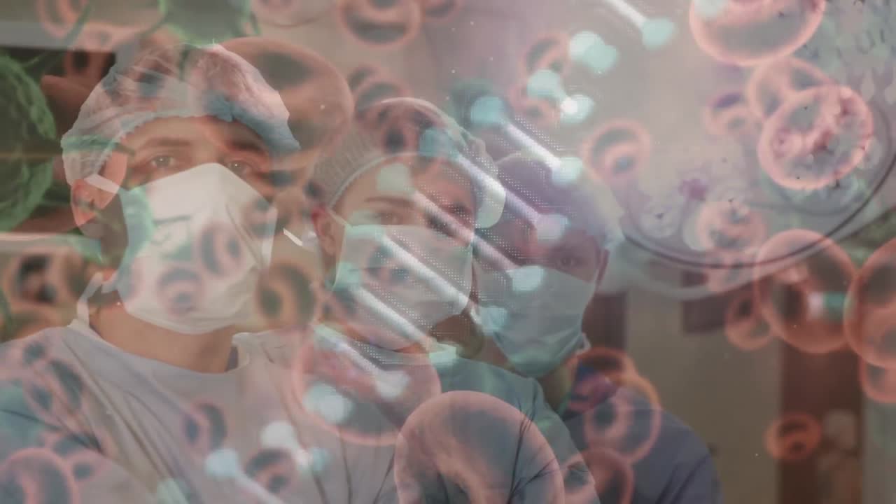 수술실에서 얼굴 마스크를 착용하는 다양한 외과 의사에 대한 코로나19 세포의 dna 스트랜드 애니메이션