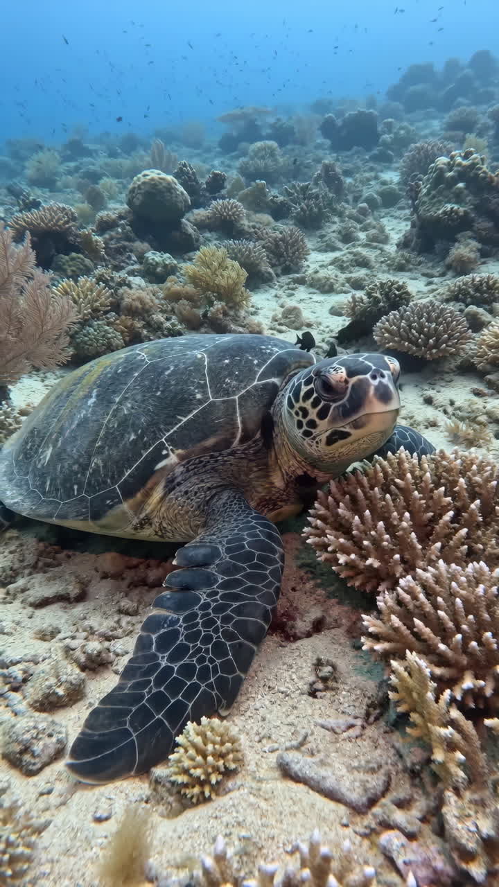 Sea Turtle Resting On Coral Reef, Green Sea Turtle Nestled Among Branching Corals On Sandy Seabed, Clear Blue