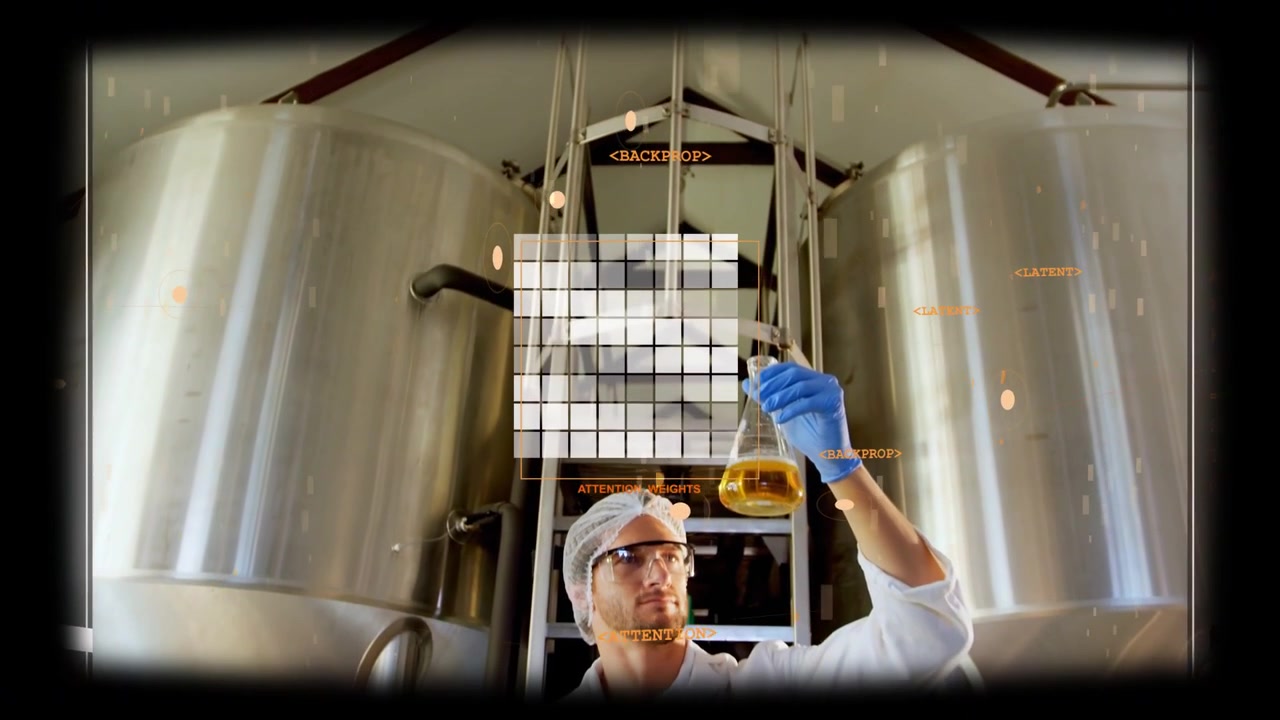 AR HUD appearing, technician lifting flask in brewery, aligning sample with grid for quality