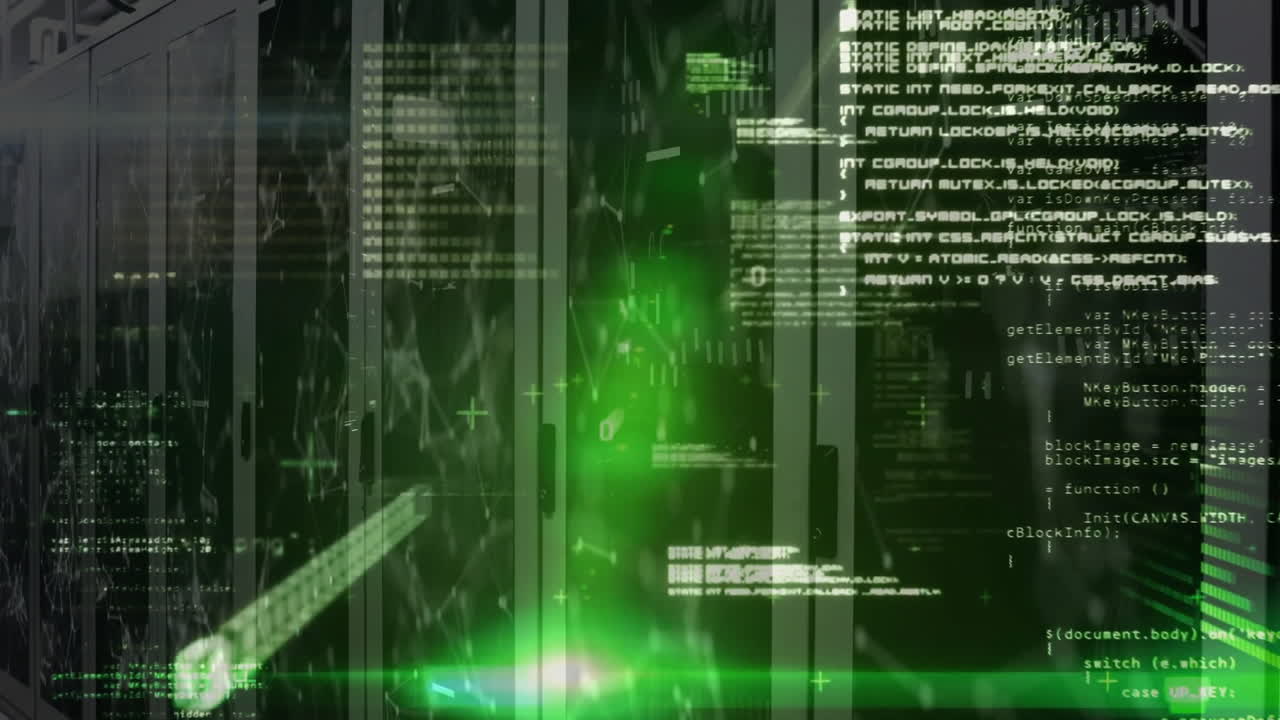 Green digital code processing over dark background with vertical lines animation