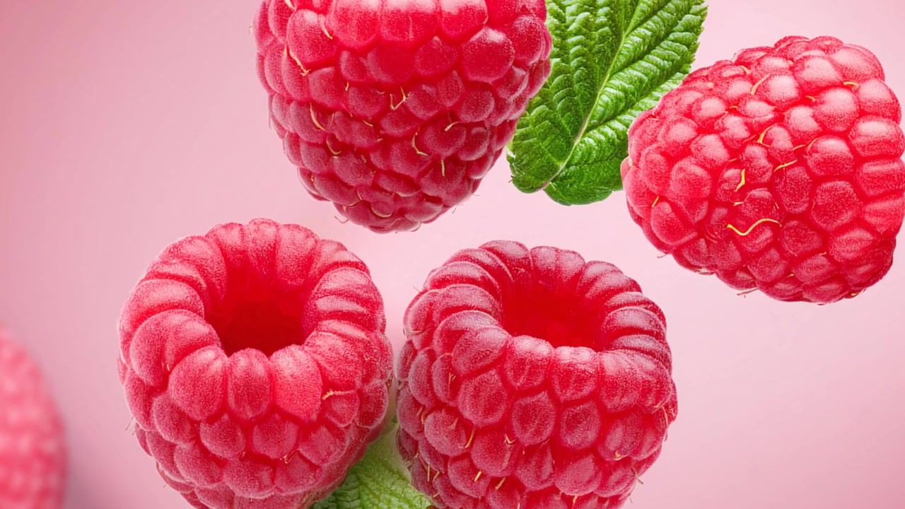 Fresh red raspberries with mint leaves on pink background