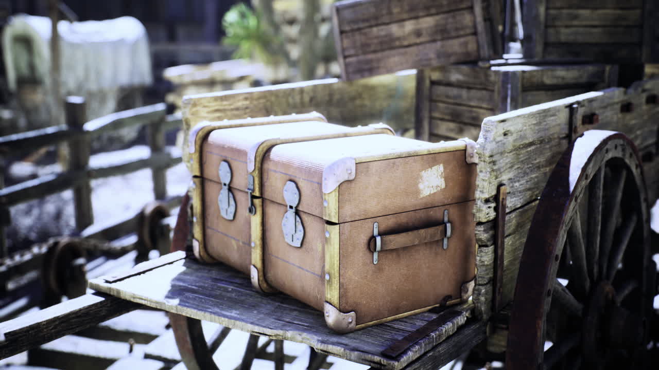 Old wooden cart with vintage suitcases in a rustic setting