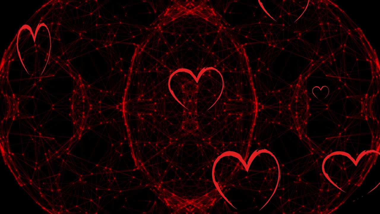 검은색 배경에 연결된 연결에 떠다니는 심장의 애니메이션