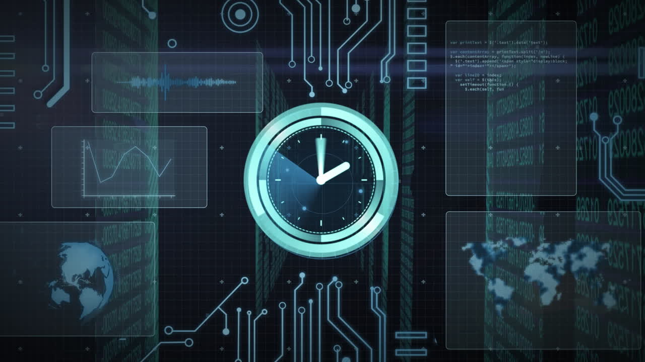 Animation of data processing with scope scanning with clock on black background