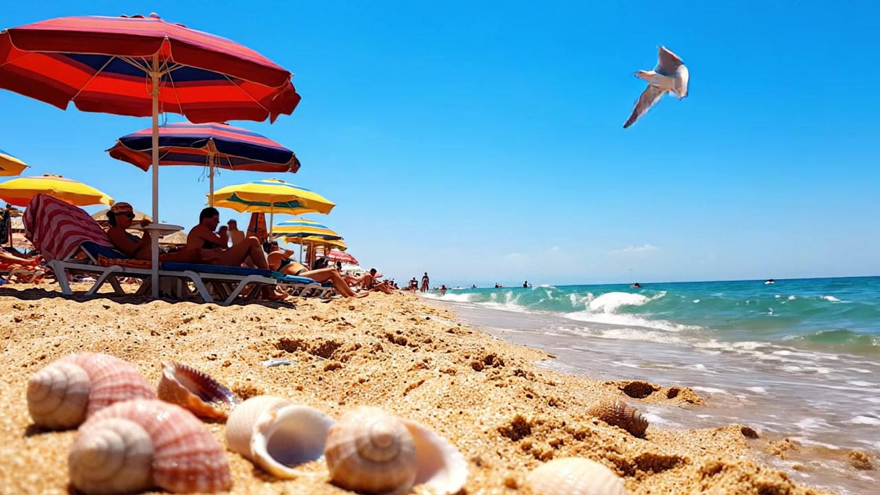 Una serena scena da spiaggia che mostra ombrelloni colorati, sabbia dorata e conchiglie, offrendo un'atmosfera perfetta per le vacanze estive sotto un cielo azzurro limpido in riva all'oceano
