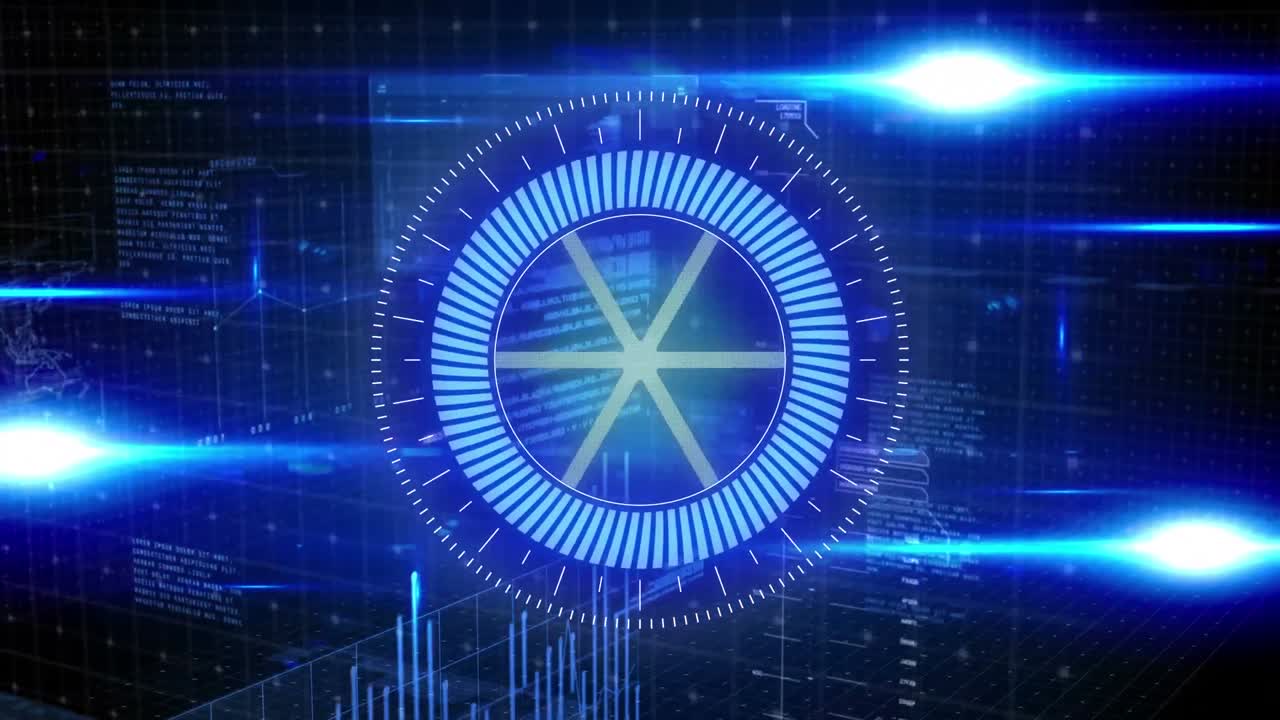 네온 둥근 스캐너와 데이터 처리 인터페이스에 대한 빛 점의 애니메이션