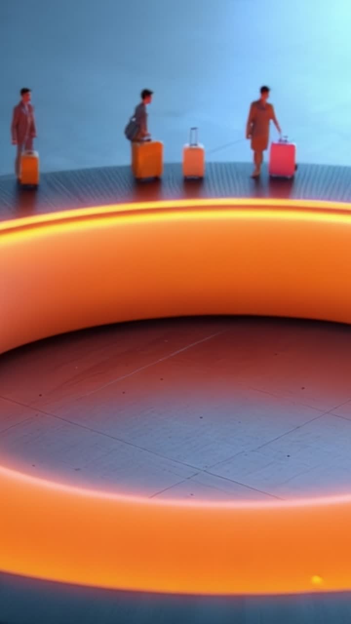 Una vivace area d'attesa circolare con illuminazione moderna e viaggiatori che si preparano alla partenza, catturando l'essenza dei moderni hub di trasporto
